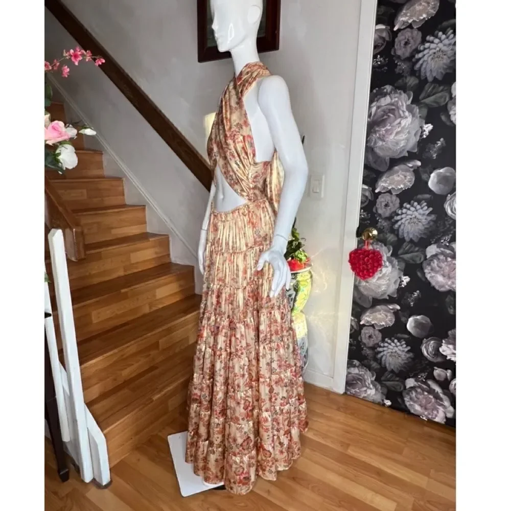 Free People Printed Something Magical Metallic Floral Tiered Maxi Dress